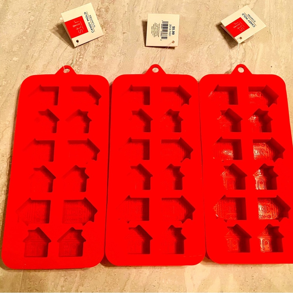 3 Holiday Gingerbread Red Silicone House  Candy Mold, Wax Melts, Ice Cube Tray.